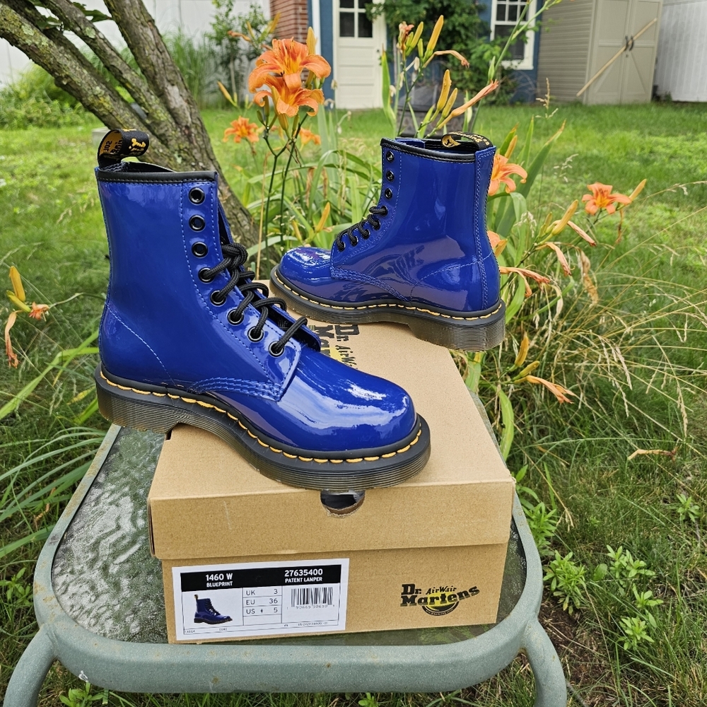 Dr. Martens 1460 patent leather lace up boots, women's size 5, "blue lucido"